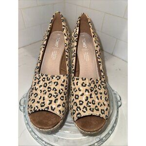 Toms Women Size 8 Michelle Cheetah Print Stacked Heel Slip On Wedge Peep Toe